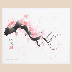 Opera d'arte originale "Fiori di ciliegio", inchiostro e acquerelli su carta di riso, pittura giapponese Sumi-e, decorazione murale con fiori di ciliegio rosa.