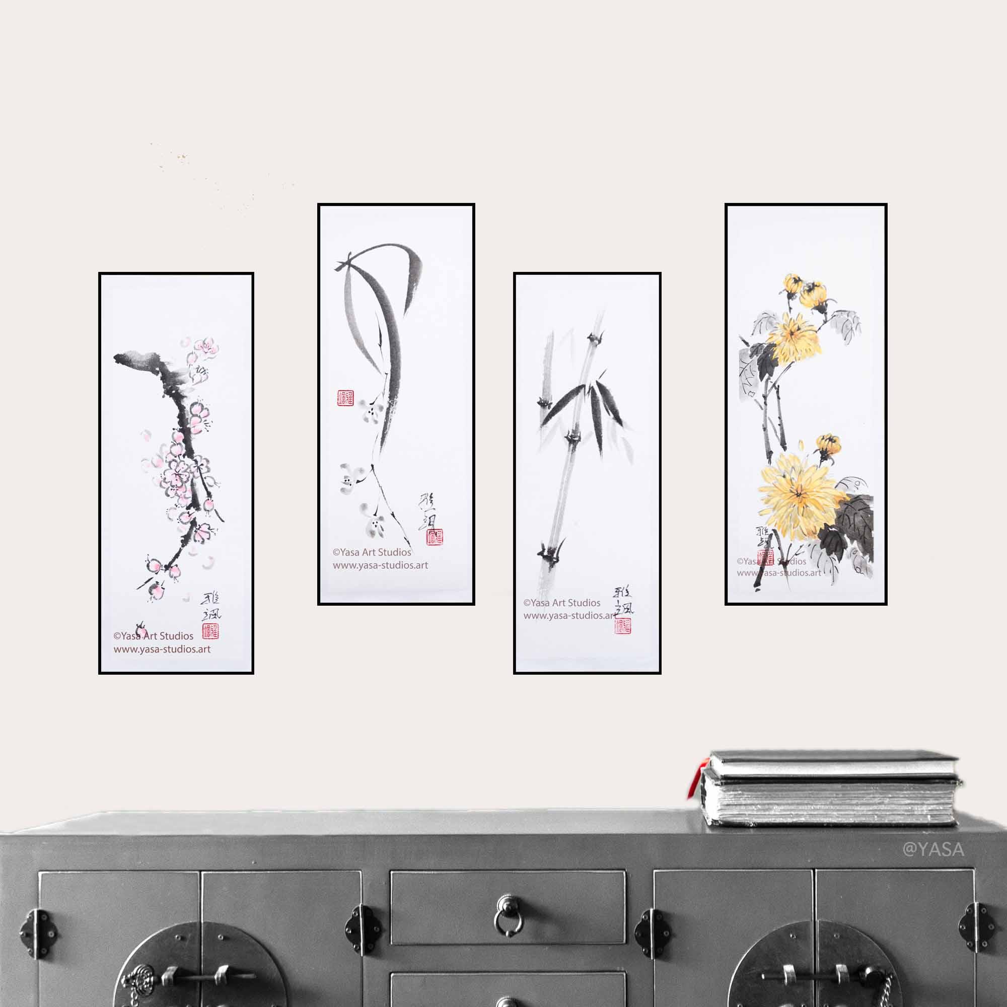 四君子図：オリジナル作品4点セット - 竹、梅、菊、蘭、墨絵 - Etsy 日本