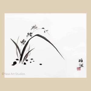 Dipinto a inchiostro di orchidee: opera d'arte cinese originale, suibokuga giapponese, arte murale botanica, senza cornice