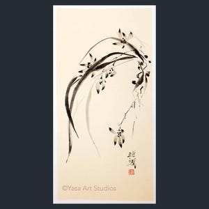 Orchidee - Dipinto a mano con inchiostro su carta di riso beige - Pittura giapponese sumi-e - Senza cornice