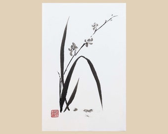 Orchid Original Sumi-e Painting. Ink on rice paper. Unframed Japanese Suibokuga Art. Four Nobles Artwork. Chinese Wall Decor.