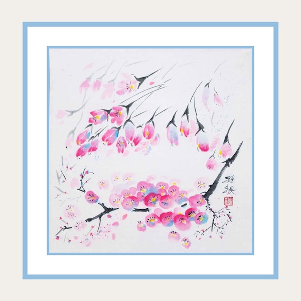 Vivid cherry blossoms painting, ink and watercolours on rice paper, original Japanese sumi-e suibokuga art