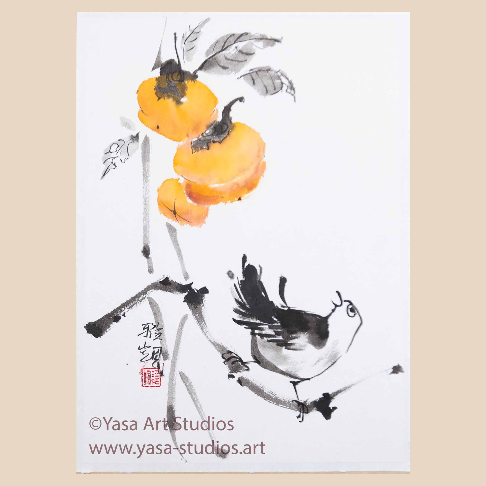 オリジナル水墨画：柿と鳥、日本の墨絵 - Etsy 日本