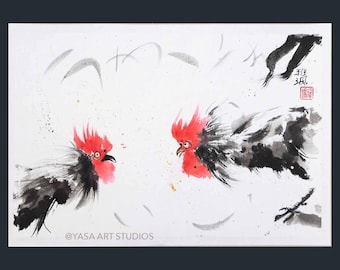 Fighting Roosters Ink & Watercolor Painting - Japanese Art - Chinese Zodiac