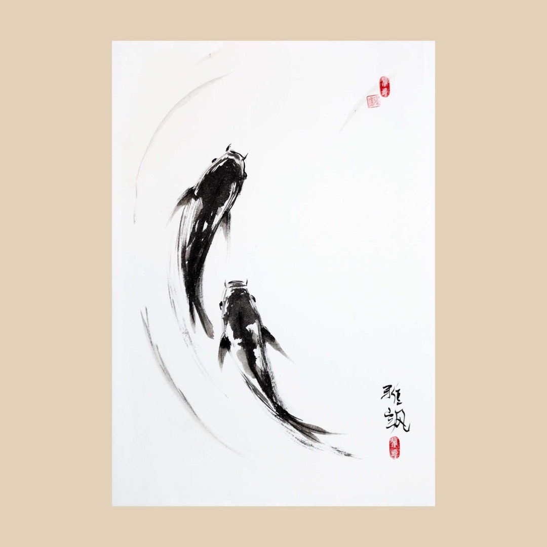 Wsumi Rice Fish Koi Fish Sumi-e Painting: Original Japanese Ink Art on Rice Paper - Etsy