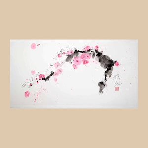 Kirschblüten Malerei - Original japanische Kalligraphie - Tusche und Wasserfarbe auf Reispapier - Ungerahmt Sumi-e Wandkunst