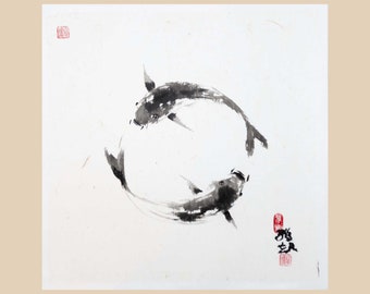Circling Koi Sumi-e Original Painting. Ink on Mulberry Paper – Japanese Suibokuga Art. Unframed Chinese Wall decor.