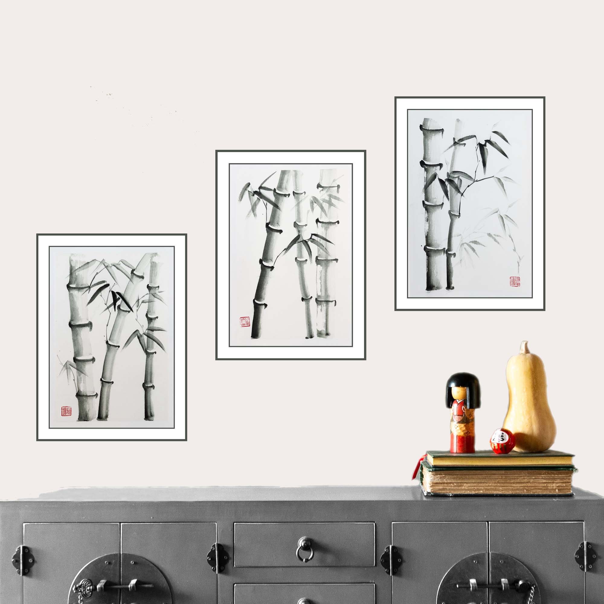 Hand-painted Bamboo Art Set Set of 3 Sumi-e Paintings Japanese Zen ...
