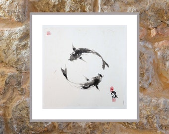 Circling Koi Sumi-e Original Painting. Ink on Mulberry Paper – Japanese Suibokuga Art. Unframed Chinese Wall decor.