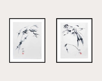 Paired Bamboo Sumi-e Paintings. Ink on Rice Paper. Original Japanese Suibokuga Artwork. Unframed Chinese Wall Art, Set of Two.