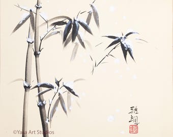 Snötäckt bambu: Bläck och akvarell på Washi-papper - Original Sumi-e-målning