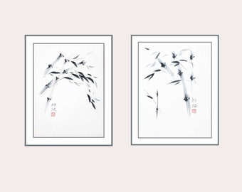 Paired Bamboo Sumi-e Paintings - Ink on Rice Paper - Original Japanese Suibokuga Artwork - Unframed Chinese Wall Art, Set of Two