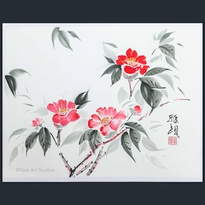 Dipinto di camelia - Dipinto originale a mano con inchiostro e acquerello su carta washi giapponese - Arte murale in stile Sumi-e - Senza cornice