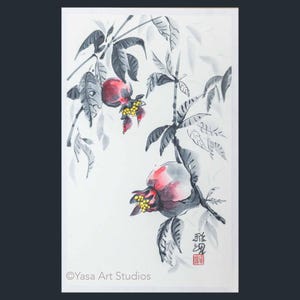 Melograno originale - Dipinto a mano con inchiostro e acquerello su carta washi giapponese - Opera d'arte murale senza cornice