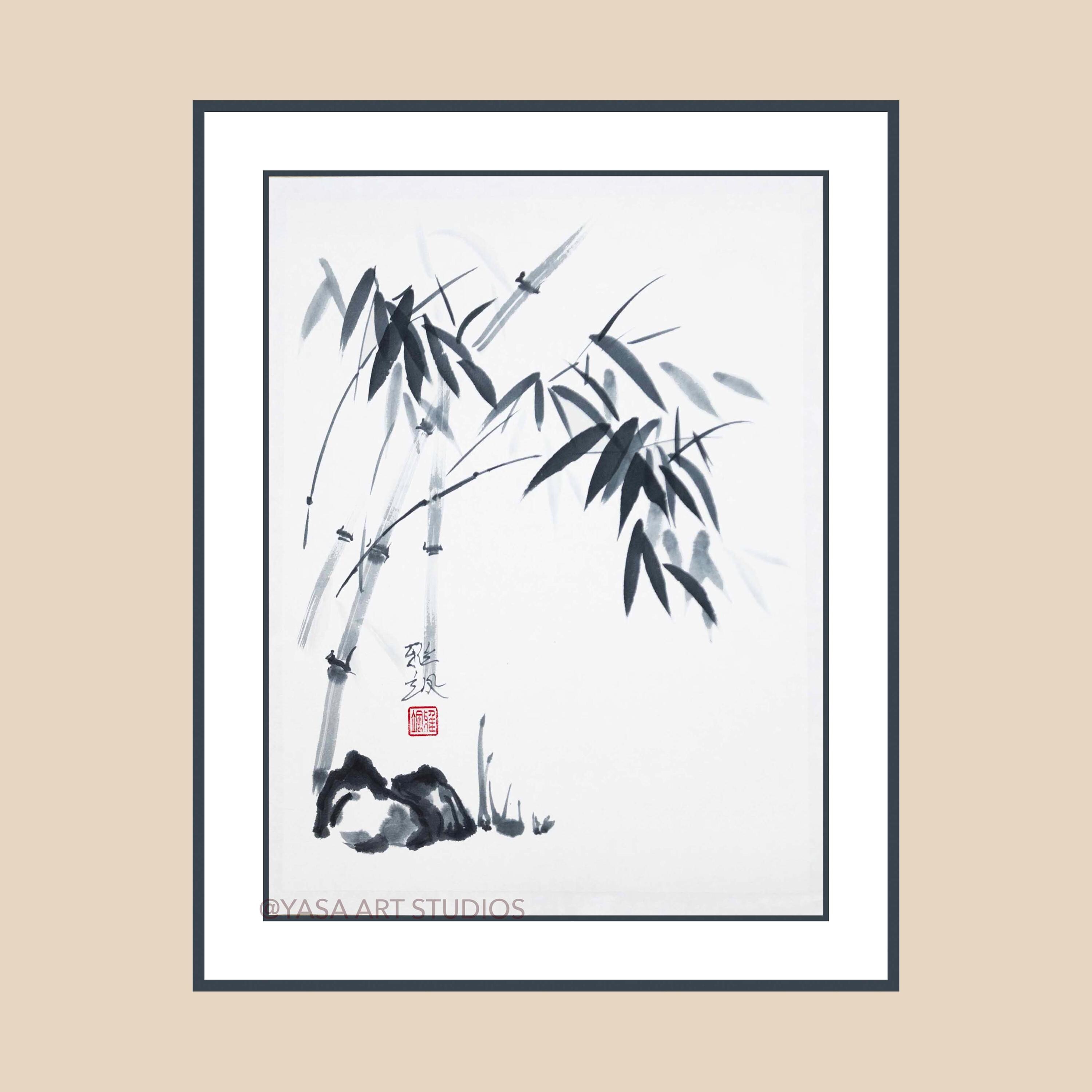 竹と岩：オリジナルの墨絵 - 和紙に墨 - 額なし - Etsy 日本