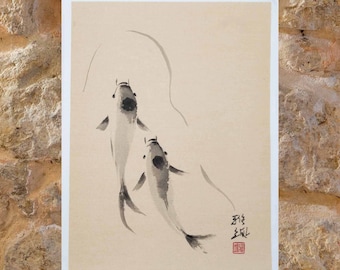 Two Koi Original Painting, Ink on Beige Rice Paper, Japanese Sumi-e Painting, Unframed Minimalist Wall Art.