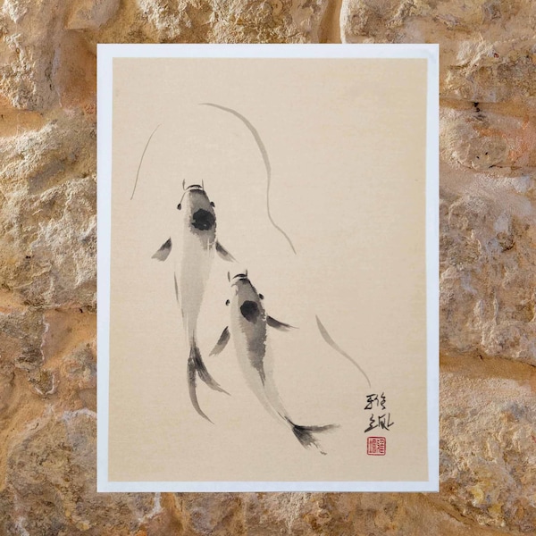 Peinture originale de deux carpes koï, encre sur papier de riz beige, peinture japonaise sumi-e, art mural minimaliste sans cadre.