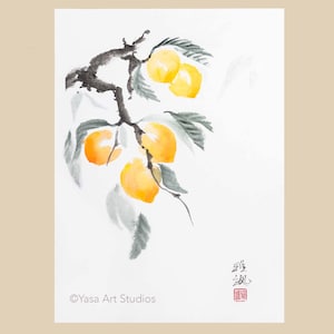 Dipinto originale "Peaches branch". Inchiostro e acquerelli su carta di riso, opera d'arte giapponese sumi-e suibokuga, acquerello su parete senza cornice.