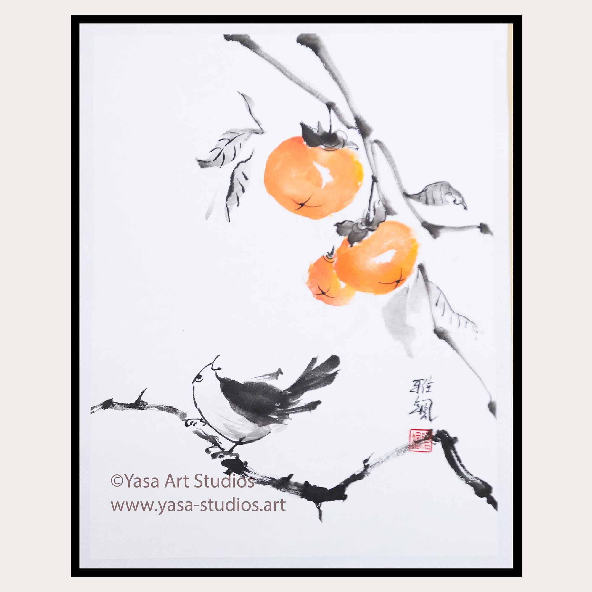 オリジナル水墨画：柿と鳥、日本の墨絵 - Etsy 日本