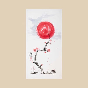 Riccio sotto l'albero di Sakura - Inchiostro e acquerelli su carta di riso - Dipinto a mano in stile giapponese Sumi-e - Arte murale cinese senza cornice