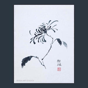 Dipinto di fiori di crisantemo - Inchiostro originale su carta di riso - Sumi-e giapponese - Arte murale cinese senza cornice
