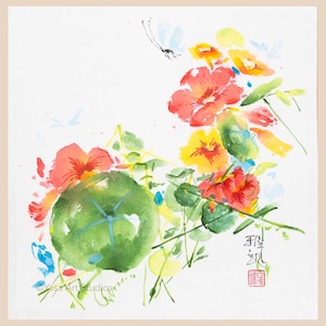 Dipinto di fiori di nasturzio, inchiostro Sumi e acquerelli su carta di riso quadrata, opera d'arte originale giapponese Suibokuga senza cornice, arte estiva