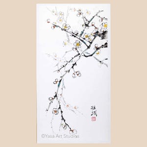 Fiori di prugna dipinti a mano originali - inchiostro e acquerelli su carta di riso - Sumi-e giapponese - Arte murale cinese senza cornice