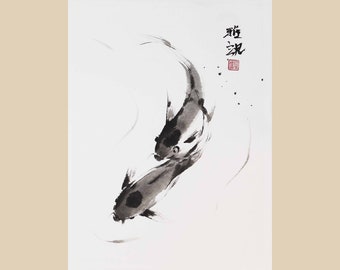 Two koi fish swimming away in calm waters. 38x49 cm | 15x19"