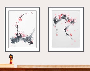 Paired Cherry Blossom Paintings, SET OF TWO, Ink and Watercolours on Rice Paper, Japanese Sumi-e Artwork, Original Momigami Art