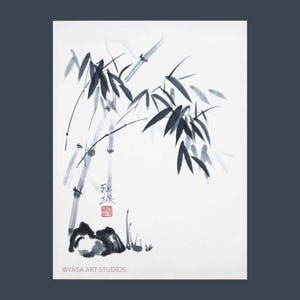 Bambù e rocce - Dipinto originale - Inchiostro su carta di riso - Opera d'arte giapponese Sumi-e - Arte murale cinese senza cornice
