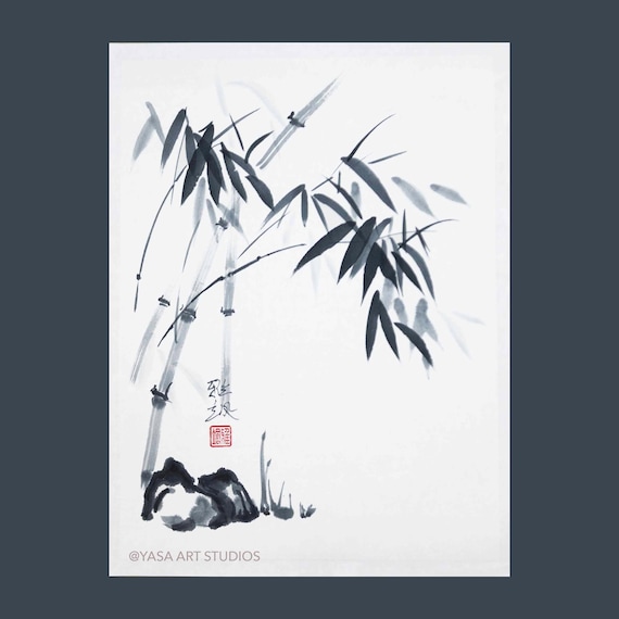 竹と岩：オリジナルの墨絵 - 和紙に墨 - 額なし - Etsy 日本