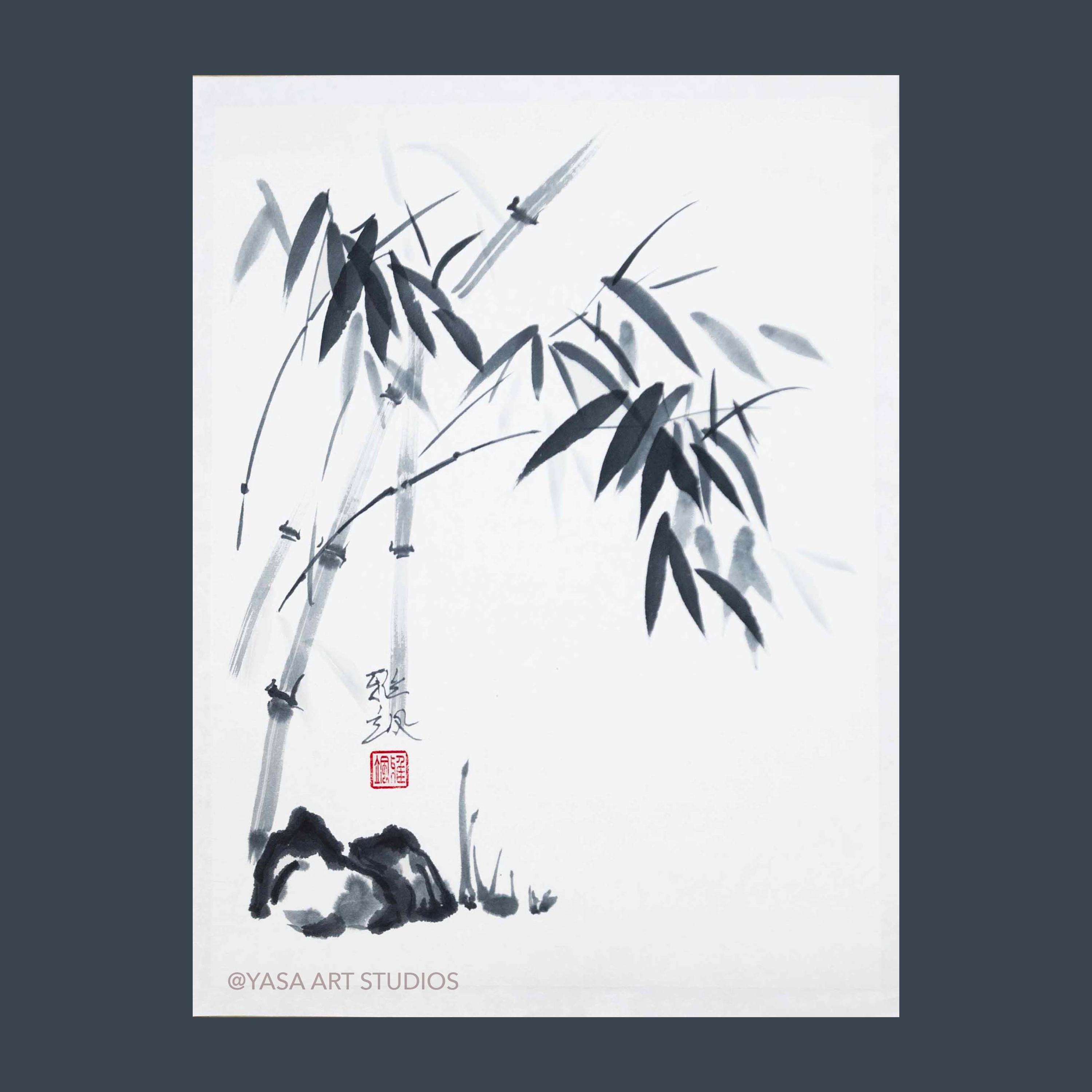 Bamboo and Rocks - Original Painting - Ink on Rice Paper - Japanese Sumi-e Artwork - Unframed Chinese Wall Art