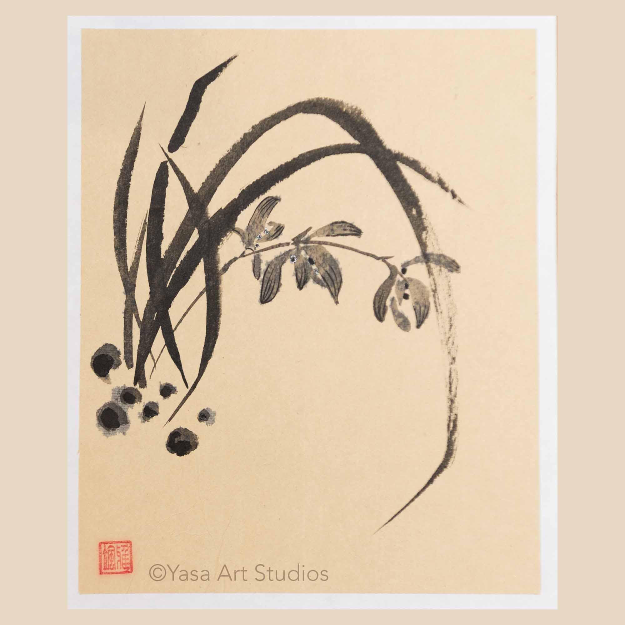 Orchids Sumi-e Painting - Ink on Beige Rice Paper - Original Japanese Suiboku-ga - Unframed Floral Wall Art