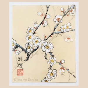 Opera d'arte dipinta a mano "Fiori di prugno" - Inchiostro e acquerelli su carta washi - Pittura giapponese Sumi-e - Arte murale cinese originale senza cornice
