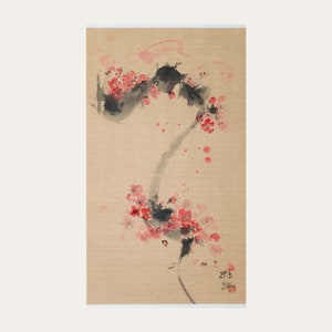 Dipinto originale di grandi dimensioni "Fiori di ciliegio" - Inchiostro e acquerelli su carta di riso beige - Arte giapponese Sumi-e - Decorazione murale cinese minimalista