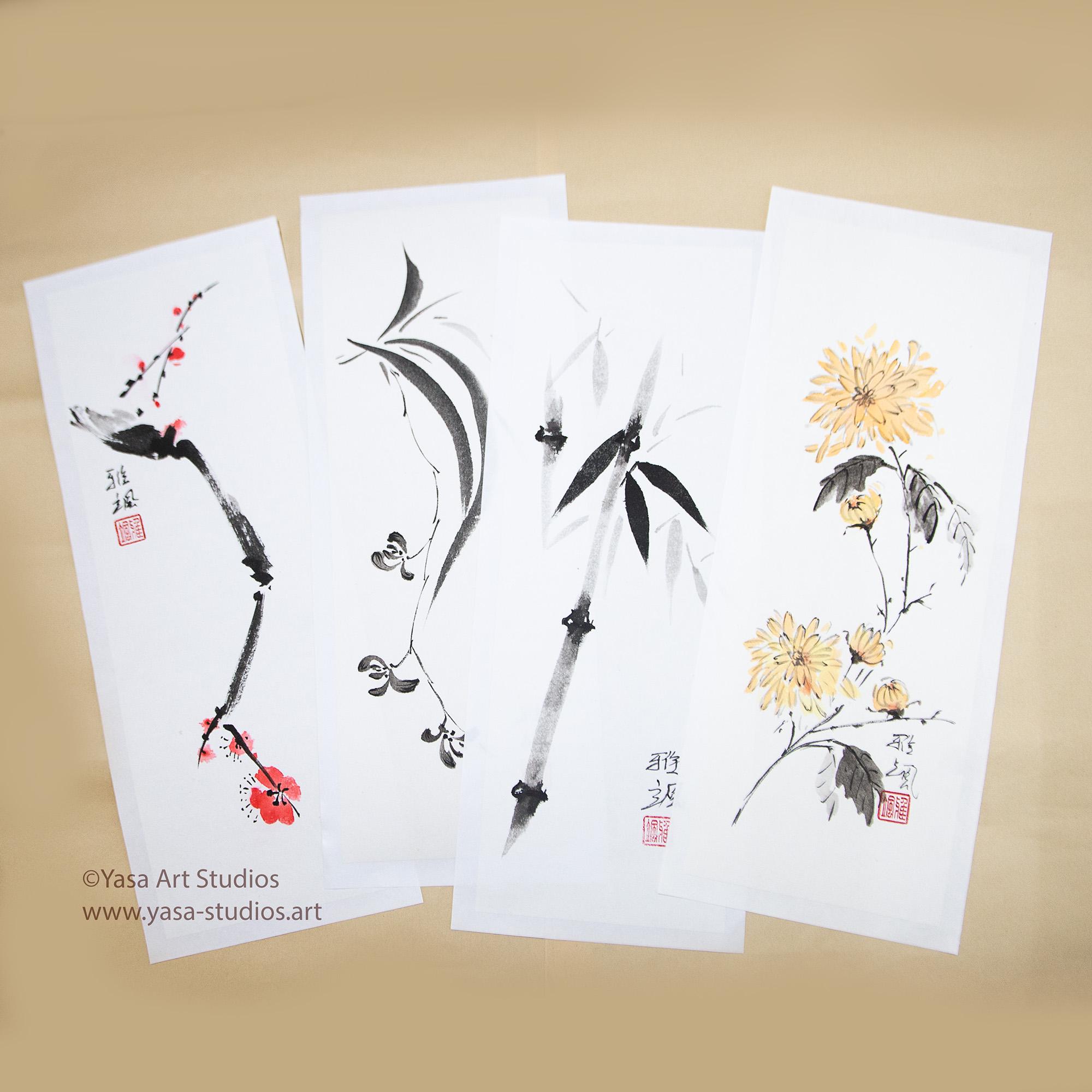 【真作・一点物】水墨画 菊図（紅白菊と岩） 漢詩 落款あり 四君子 四君子：水墨画・水彩画4枚組 梅竹菊蘭図 - Etsy 日本