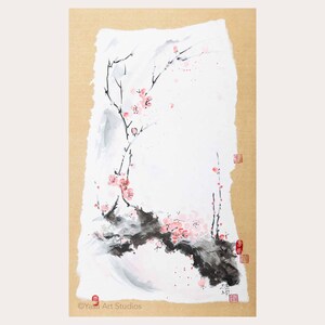 Dipinto di ramo di Sakura - Inchiostro e acquerelli su carta washi giapponese - Opera d'arte sumi originale dipinta a mano - Arte murale floreale senza cornice
