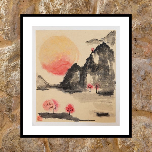 Paysage original avec soleil, bateau abandonné et vergers de cerisiers. Encre et aquarelle sur papier de riz. Art japonais Art chinois Sumie Sans cadre