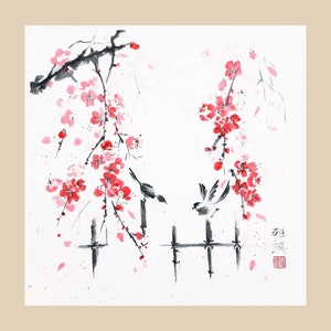 Ramo di ciliegio in fiore dai colori vivaci, dipinto sumi-e quadrato originale, inchiostro e acquerelli su carta di riso, arte giapponese senza cornice, opera d'arte cinese.
