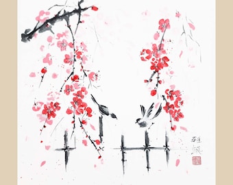 Vibrant cherry blossom branch, Original square sumi-e painting, Ink and watercolours on rice paper, Unframed Japanese Art, Chinese artwork.