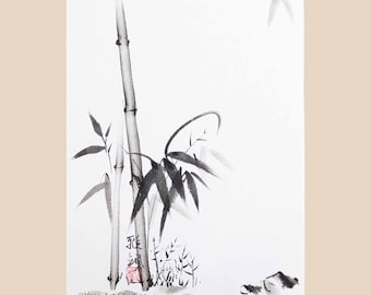 May include: Black and white ink painting of bamboo stalks and leaves. The artwork features a minimalist style with a focus on natural forms. The artist's signature and website are visible at the bottom.