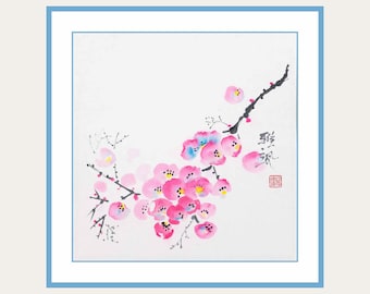 Japanese Cherry Blossoms Sumi-e Painting on Rice Paper, Ink and Watercolors Art, Unframed Wall Decor