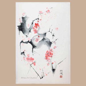 Dipinto originale di fiori di ciliegio / Inchiostro e acquerelli su carta di riso / Arte giapponese Suiboku-ga / Decorazione murale cinese
