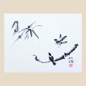 Passeri e bambù - Dipinto originale Sumi-e, inchiostro su carta di riso, opera d'arte giapponese Suibokuga, arte murale cinese raffigurante uccelli