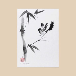 Passero e bambù, piccolo dipinto originale Sumi-e. Inchiostro su carta di riso. Opera d'arte giapponese Suibokuga, arte cinese minimalista senza cornice.