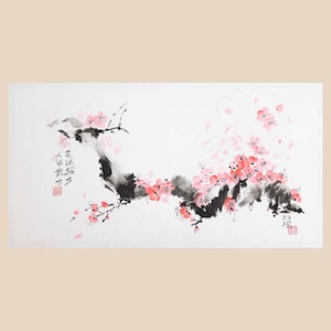 Dipinto di fiori di ciliegio - Arte murale originale dipinta a mano - Inchiostro e acquerelli su carta di riso - Calligrafia poetica giapponese
