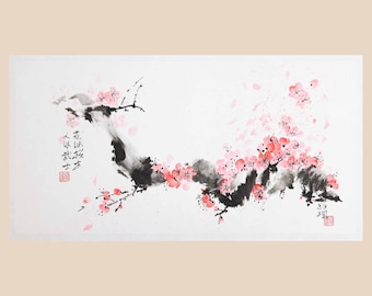 Schilderij kersenbloesem: inkt en aquarel op rijstpapier, Japanse poëziekalligrafie