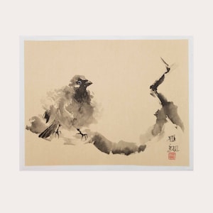 Fluffy sparrow - Original ink painting on beige or white rice paper - Japanese sumi-e artwork