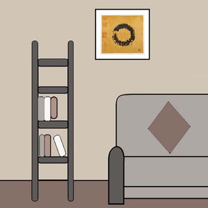 Painting on the wall above 2 seat sofa and next to book case.