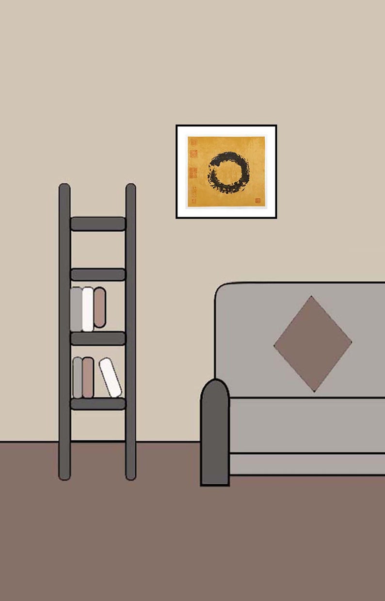Painting on the wall above 2 seat sofa and next to book case.